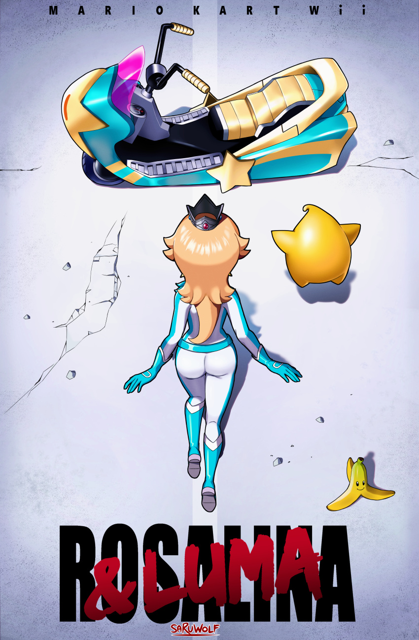 1girl absurdres akira ass back banana_peel blonde_hair character_name crown from_above gloves ground_vehicle highres huge_filesize long_hair luma_(mario) super_mario_bros. mario_kart motor_vehicle motorcycle pants parody road rosalina sarukaiwolf shadow shirt signature star_(symbol) tight tight_pants tight_shirt