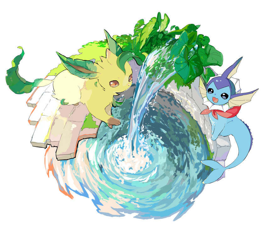 :3 animal_focus apios1 bandana black_eyes blank_eyes brick_wall clothed_pokemon commentary from_above full_body gen_1_pokemon gen_4_pokemon grass happy highres leaf leafeon looking_up moss no_humans on_wall open_mouth orange_eyes pokemon pokemon_(creature) red_neckwear ripples sitting smile vaporeon water water_drop waterfall