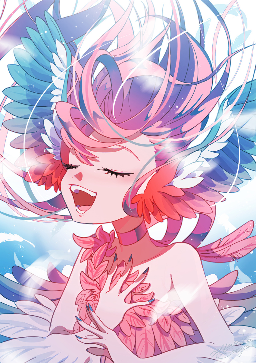 1girl animal_ears ayasaka_saaya bare_shoulders bird_ears blue_background blue_feathers blue_nails blush choker closed_eyes commentary_request fingernails harpy highres long_fingernails long_hair monster_girl music open_mouth original red_choker red_feathers redhead singing solo winged_arms wings