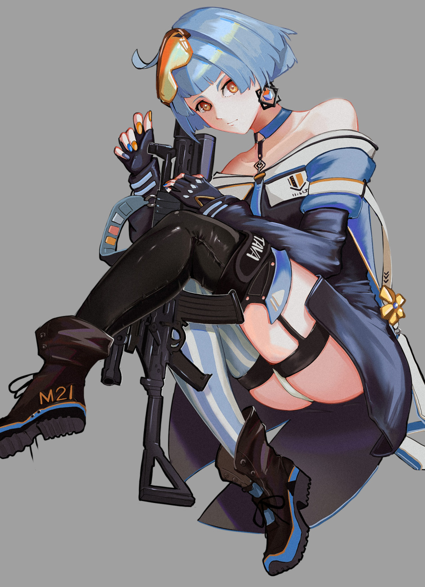 1girl alternate_costume ass bare_shoulders black_footwear black_gloves black_legwear blue_choker blue_hair blue_nails boots character_name choker closed_mouth earrings eyebrows_visible_through_hair eyewear_on_head fingerless_gloves garter_straps girls_frontline gloves grey_background highres holding holding_weapon jewelry looking_at_viewer mo_geng multicolored multicolored_clothes multicolored_legwear multicolored_nails nail_polish orange_eyes orange_nails panties pantyshot short_hair sitting solo striped striped_legwear underwear weapon zas_m21_(girls_frontline)