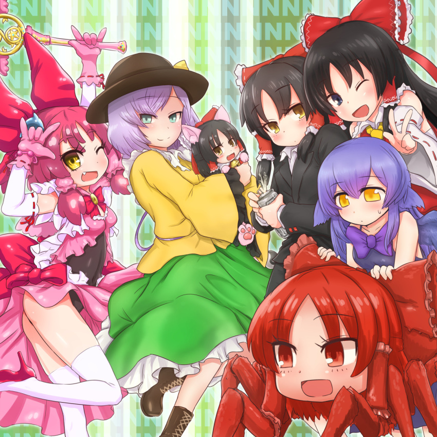 6+girls \n/ alcohol animal_ears animal_hands bangs beer beer_can bell black_dress black_eyes black_hair black_headwear black_jacket black_leotard black_skirt blue_hair boots bow bowtie breasts brown_footwear can cat_ears cat_girl character_request closed_mouth commentary_request cookie_(touhou) copyright_request crab detached_sleeves dress dress_bow eyebrows_visible_through_hair fang foot_out_of_frame formal frilled_bow frilled_shirt_collar frilled_skirt frilled_sleeves frills green_background green_eyes green_skirt grey_hair hair_between_eyes hair_bow hakurei_reimu high_heels highres holding holding_wand jacket jingle_bell kneehighs komeiji_koishi leotard leotard_under_clothes long_hair long_sleeves looking_at_viewer magical_girl medium_breasts medium_hair minigirl multiple_girls multiple_persona office_lady one_eye_closed open_mouth otemoto_(baaaaloooo) pink_hair pink_skirt purple_background red_bow red_eyes red_footwear red_neckwear redhead ribbon-trimmed_sleeves ribbon_trim sananana_(cookie) shirt short_hair skirt sleeveless sleeveless_dress smile suit touhou w wand white_legwear white_shirt white_sleeves wide_sleeves wings yellow_eyes yellow_neckwear yellow_shirt