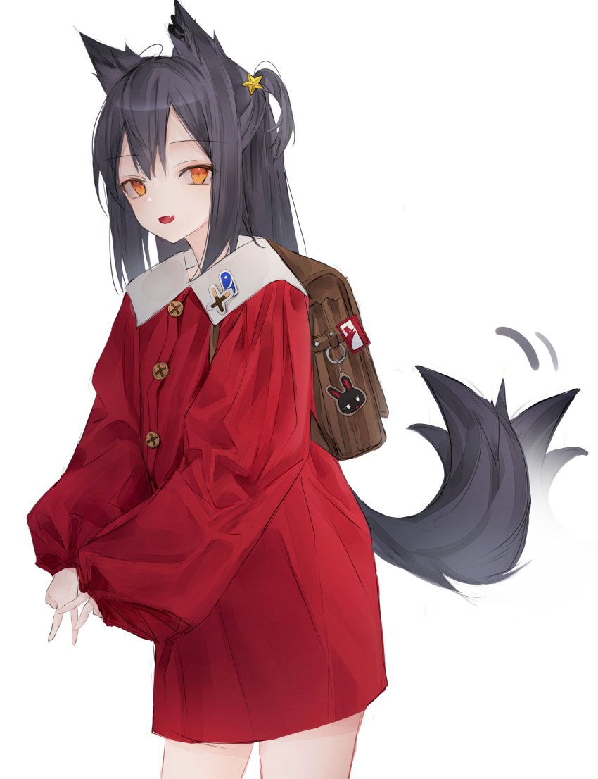 0_(znanimo) 1girl :d absurdres alternate_costume animal_ears arknights bag black_hair blush breasts brown_eyes cowboy_shot double_v eyebrows_visible_through_hair fang highres kindergarten_uniform long_hair navel open_mouth school_bag simple_background skin_fang smile solo symbol-only_commentary tail tail_wagging texas_(arknights) thighs v white_background wolf_ears wolf_tail