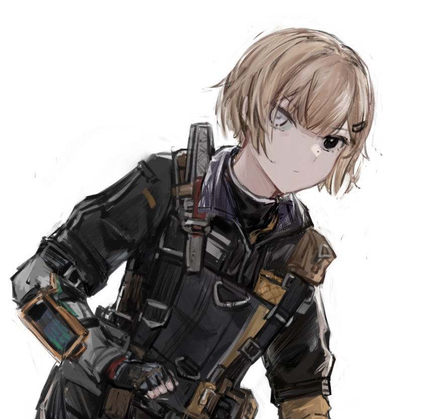 1girl bangs black_eyes commentary_request girls_frontline hair_ornament hairclip heterochromia highres light_brown_hair looking_at_viewer mg338_(girls_frontline) qiujiao short_hair solo tactical_clothes upper_body white_background white_eyes