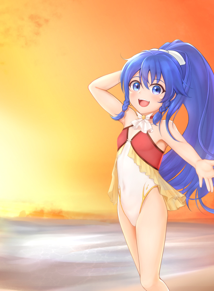 1girl arm_behind_head arm_up armpits beach blue_eyes blue_hair bow braid breasts casual_one-piece_swimsuit clouds covered_navel fire_emblem fire_emblem:_the_sacred_stones fire_emblem_heroes hair_bow highres long_hair looking_at_viewer ocean one-piece_swimsuit open_mouth otimizu3320 outdoors outstretched_arm outstretched_hand ponytail ribbon sky small_breasts smile solo sunset swimsuit tana_(fire_emblem) thighs twin_braids white_swimsuit younger
