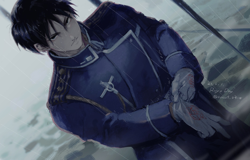 1boy adjusting_clothes adjusting_gloves aiguillette amestris_military_uniform black_eyes black_hair blue_jacket blurry blurry_background collared_jacket darkness dutch_angle epaulettes expressionless floor fog from_above fullmetal_alchemist gloves hands_up highres jacket looking_at_viewer looking_up magic_circle male_focus military military_uniform motion_lines muted_color outdoors parted_lips rain roy_mustang shiny shiny_hair spiky_hair standing stone_floor tsurime twitter_username uniform upper_body water_drop wet wet_hair white_gloves yuu_(kotobana_0418)