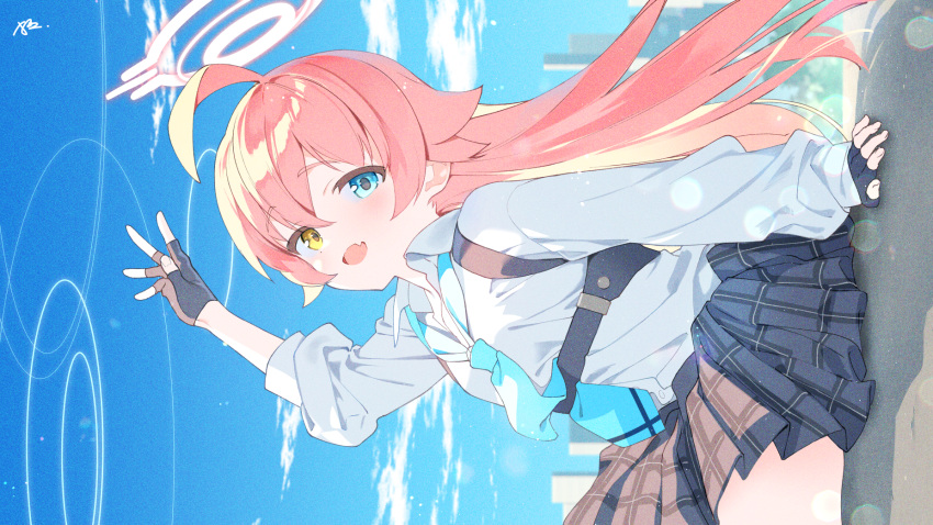 1girl ahoge aqua_neckwear bangs black_gloves blue_archive blue_eyes blush building clouds eyebrows_visible_through_hair fang fingerless_gloves gloves halo heterochromia highres hiiragi_akio hoshino_(blue_archive) long_hair long_sleeves looking_at_viewer necktie open_mouth outdoors pink_hair plaid plaid_skirt pleated_skirt shirt signature sitting skin_fang skirt sky solo waving white_shirt yellow_eyes