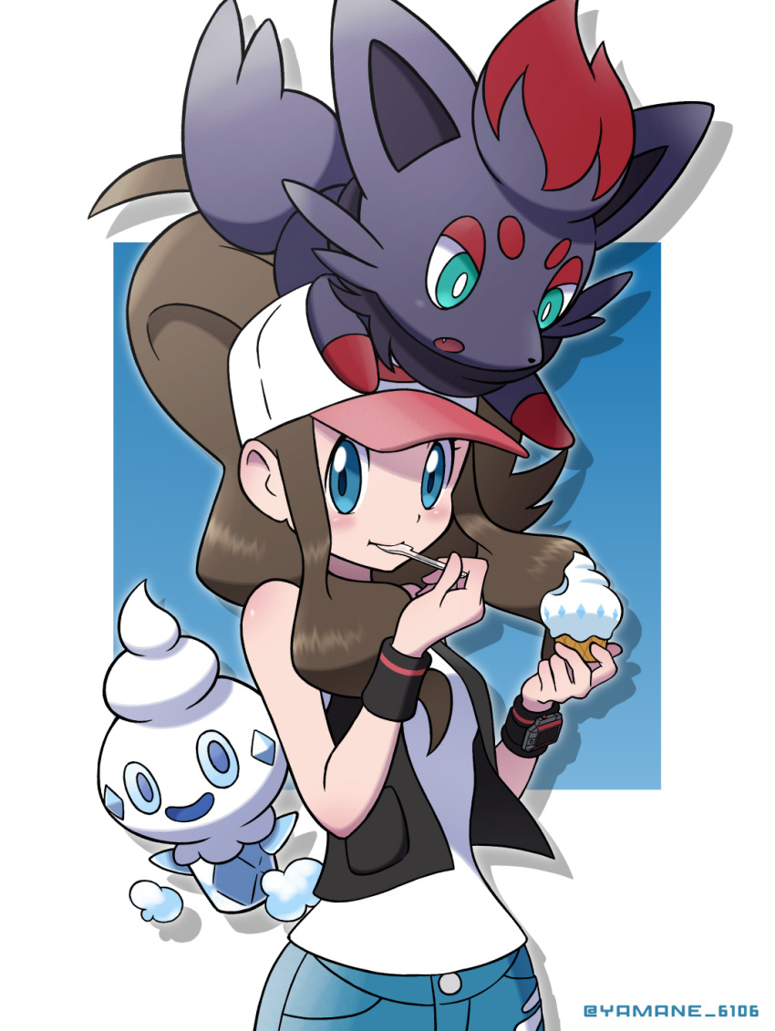 1girl bare_shoulders blue_eyes blue_shorts brown_hair denim denim_shorts eating food gen_5_pokemon hat highres hilda_(pokemon) ice_cream long_hair looking_at_viewer official_style pokemon pokemon_(game) pokemon_bw ponytail shirt shorts sidelocks spoon twitter_username vanillite white_shirt yamane_(viq4201) zorua