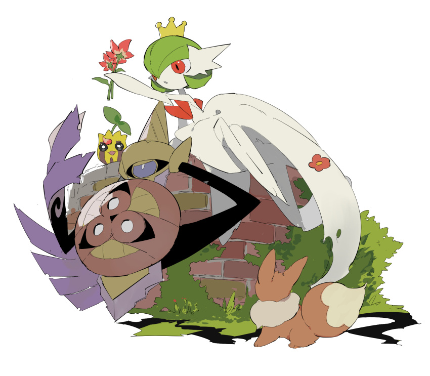 1girl :3 aegislash annoyed apios1 arm_up bangs bare_shoulders black_sclera bob_cut brick_wall bright_pupils bush colored_sclera colored_skin commentary crown day dress eevee elbow_gloves flat_chest floating flower from_behind full_body gardevoir gen_1_pokemon gen_2_pokemon gen_3_pokemon gen_6_pokemon gloves grass green_hair half-closed_eyes happy highres holding holding_flower leaf legs_together looking_at_another looking_down mega_gardevoir mega_pokemon moss on_wall one-eyed open_mouth outdoors outstretched_arm parted_lips petals pokemon pokemon_(creature) red_eyes red_flower shield short_hair sitting sketch smile strapless strapless_dress sunkern sword violet_eyes weapon white_dress white_gloves white_pupils white_skin yellow_headwear yokozuwari