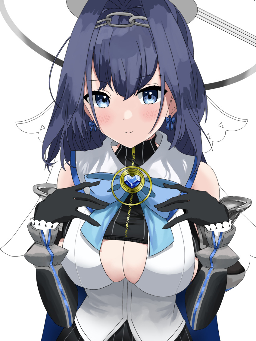 1girl bangs black_gloves blue_eyes blue_hair blush bodysuit breasts chain cleavage_cutout clock_hands closed_mouth clothing_cutout detached_collar detached_sleeves eyebrows_visible_through_hair gloves hair_intakes hairband halo highres hololive hololive_english large_breasts looking_at_viewer medium_hair ouro_kronii ribbon_earrings saltedsalmon6 short_hair smile solo symbol-only_commentary upper_body veil virtual_youtuber zipper