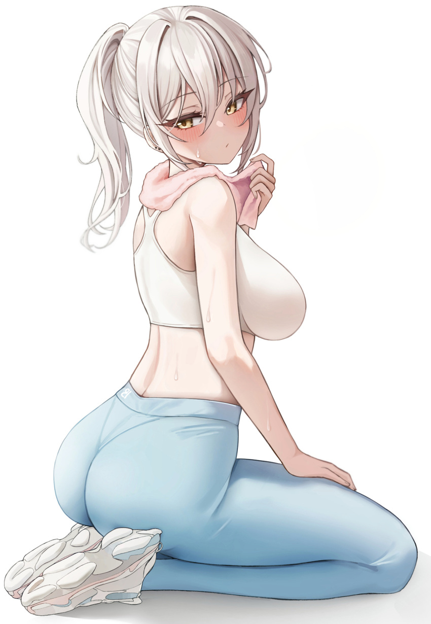 1girl ass biya_(1024) blush breasts closed_mouth eyebrows_visible_through_hair from_side hair_between_eyes hand_on_own_thigh hand_up highres holding holding_towel kneeling large_breasts long_hair looking_at_viewer original pants ponytail seiza shadow shoes simple_background sitting sneakers sports_bra sweat tank_top thighs towel towel_around_neck white_background white_hair yellow_eyes yoga_pants
