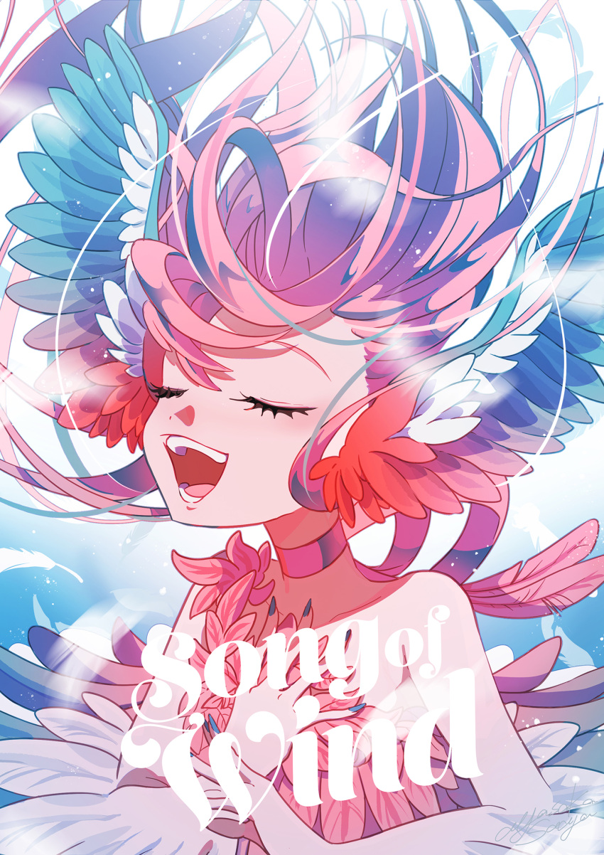 1girl animal_ears ayasaka_saaya bare_shoulders bird_ears blue_background blue_feathers blue_nails blush choker closed_eyes commentary_request copyright_name fingernails harpy highres long_fingernails long_hair monster_girl music open_mouth original red_choker red_feathers redhead singing solo winged_arms wings