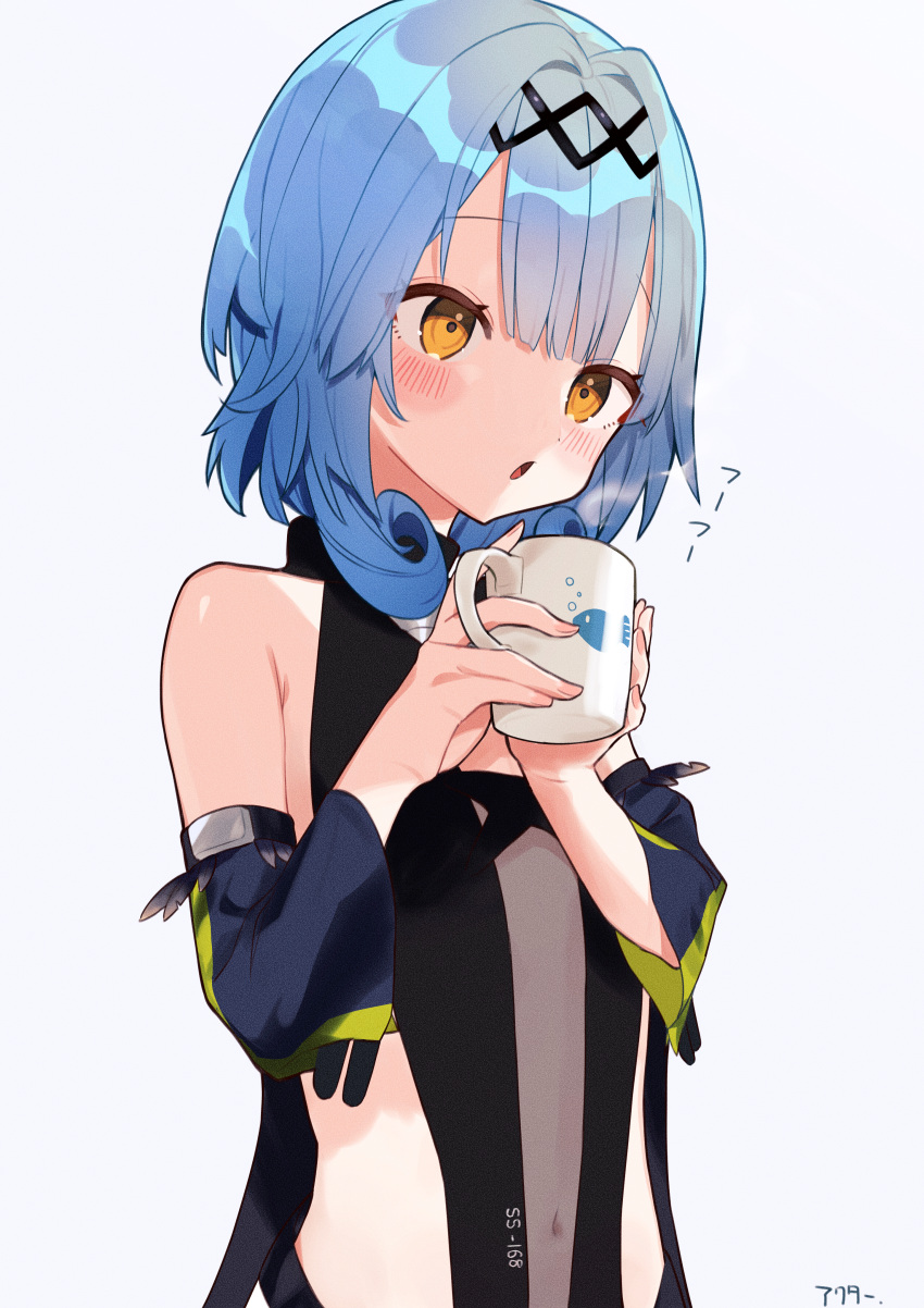 1girl absurdres akutaa azur_lane bangs blue_hair blunt_bangs commentary_request cup detached_sleeves eyebrows_visible_through_hair hair_between_eyes hairband highres holding holding_cup huge_filesize mug nautilus_(azur_lane) short_hair sidelocks simple_background solo visible_air white_background wide_sleeves yellow_eyes