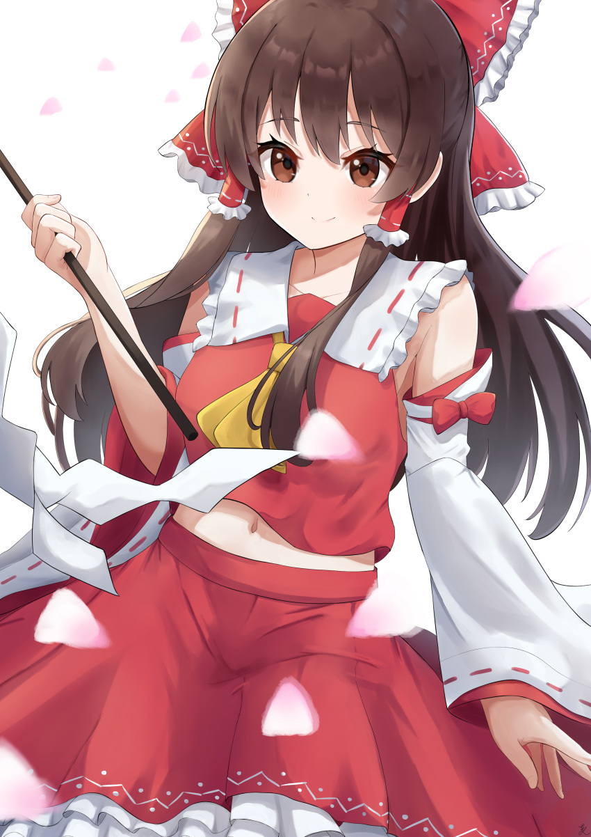 1girl absurdres aftamc bangs bow brown_eyes brown_hair cherry_blossoms closed_mouth collarbone detached_sleeves eyebrows_visible_through_hair floating_hair frilled_bow frilled_hair_tubes frills hair_between_eyes hair_bow hair_tubes hakurei_reimu highres holding holding_wand layered_skirt long_hair long_sleeves midriff navel red_bow red_ribbon red_shirt red_skirt ribbon ribbon-trimmed_sleeves ribbon_trim shiny shiny_hair shirt sidelocks skirt sleeveless sleeveless_shirt smile solo stomach touhou very_long_hair wand white_background white_sleeves wide_sleeves yellow_neckwear