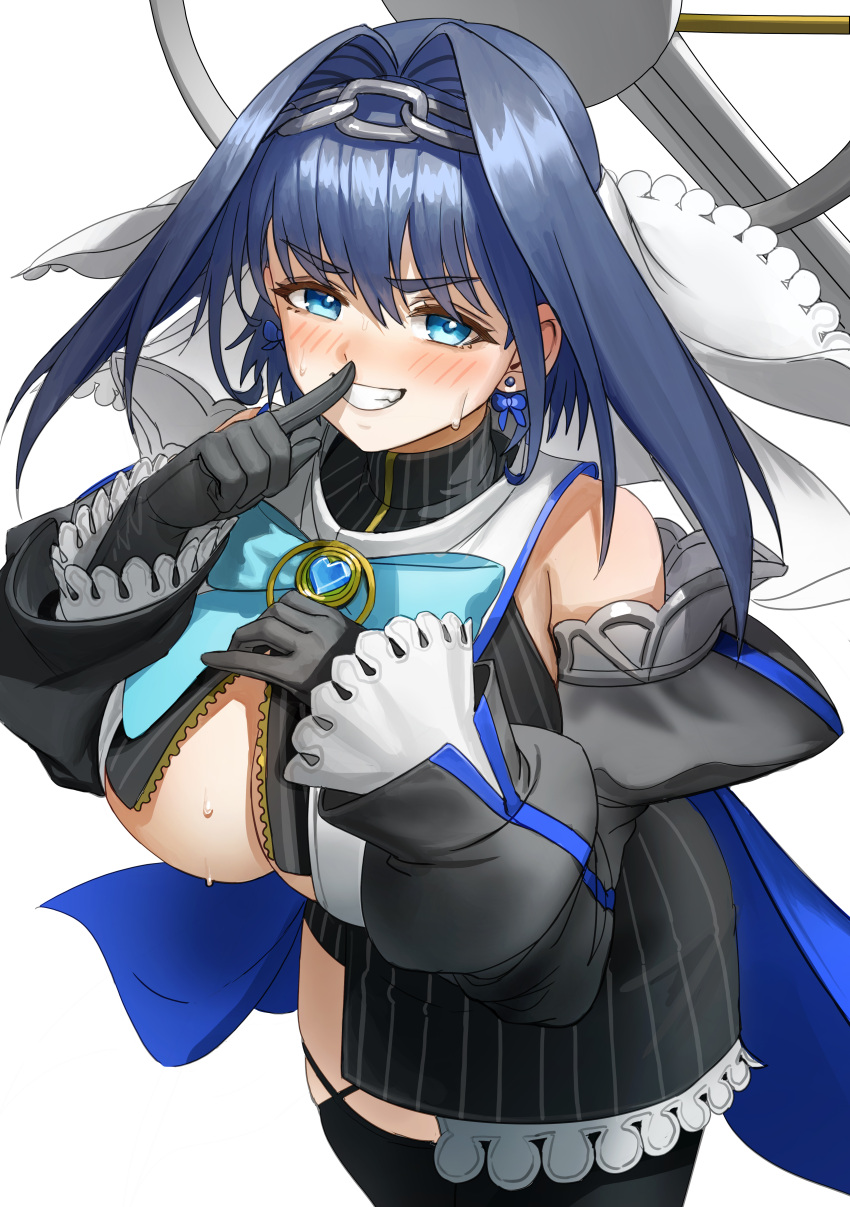 1girl absurdres bangs black_gloves black_legwear blue_eyes blue_hair blush breasts earrings from_above gloves grin hair_ornament halo highres hololive hololive_english jewelry large_breasts looking_at_viewer ouro_kronii short_hair simple_background smile solo sweat thigh-highs under_boob virtual_youtuber white_background zako8211