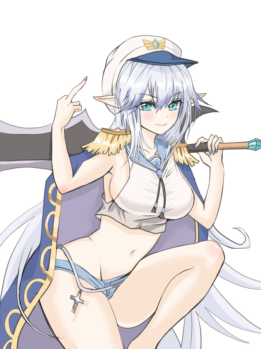 1girl absurdres arm_up armpits artist_request bare_arms blue_eyes blue_shorts breasts claymore_(sword) coat coat_on_shoulders commentary commission crop_top cross drawstring dungeon_and_fighter epaulettes hat highres holding holding_sword holding_weapon large_breasts long_hair looking_at_viewer micro_shorts middle_finger midriff nail_polish navel over_shoulder peaked_cap pointy_ears revealing_clothes sailor_collar sailor_shirt second-party_source shirt shorts sideboob sidelocks sleeveless sleeveless_shirt smile solo stomach sword thighs very_long_hair weapon weapon_over_shoulder white_hair white_headwear white_shirt