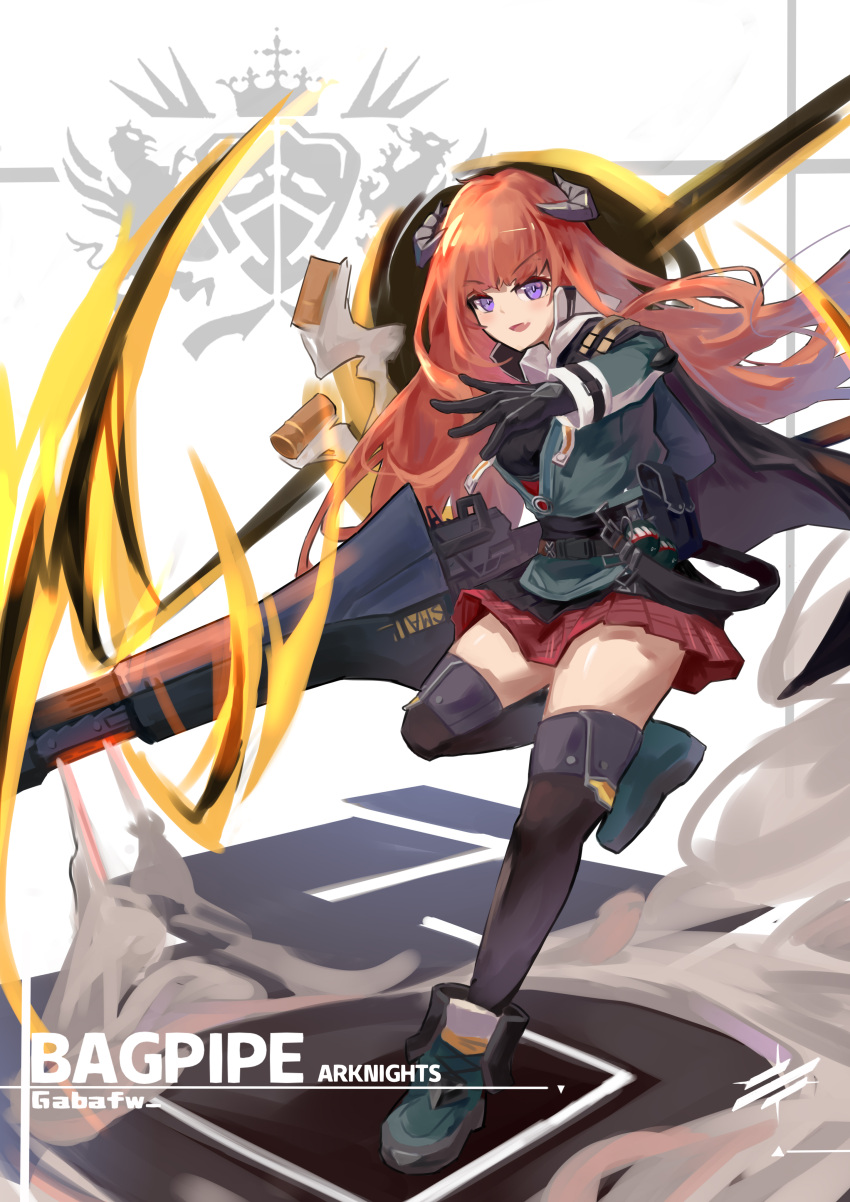 1girl :d absurdres arknights bagpipe_(arknights) bangs black_gloves black_legwear fang full_body gabafw gloves green_footwear green_jacket hair_between_eyes highres holding holding_lance holding_polearm holding_weapon horns jacket lance long_hair long_sleeves looking_at_viewer open_mouth orange_hair polearm red_skirt shell_casing shoes skirt smile smoke solo standing standing_on_one_leg thigh-highs v-shaped_eyebrows violet_eyes weapon white_background