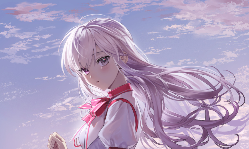1girl bangs blush breasts clouds commentary_request commission day eyelashes floating_hair from_side grey_eyes grey_hair hand_up heterochromia highres long_hair looking_at_viewer looking_to_the_side ninto original outdoors pink_neckwear shirt sky solo upper_body white_shirt