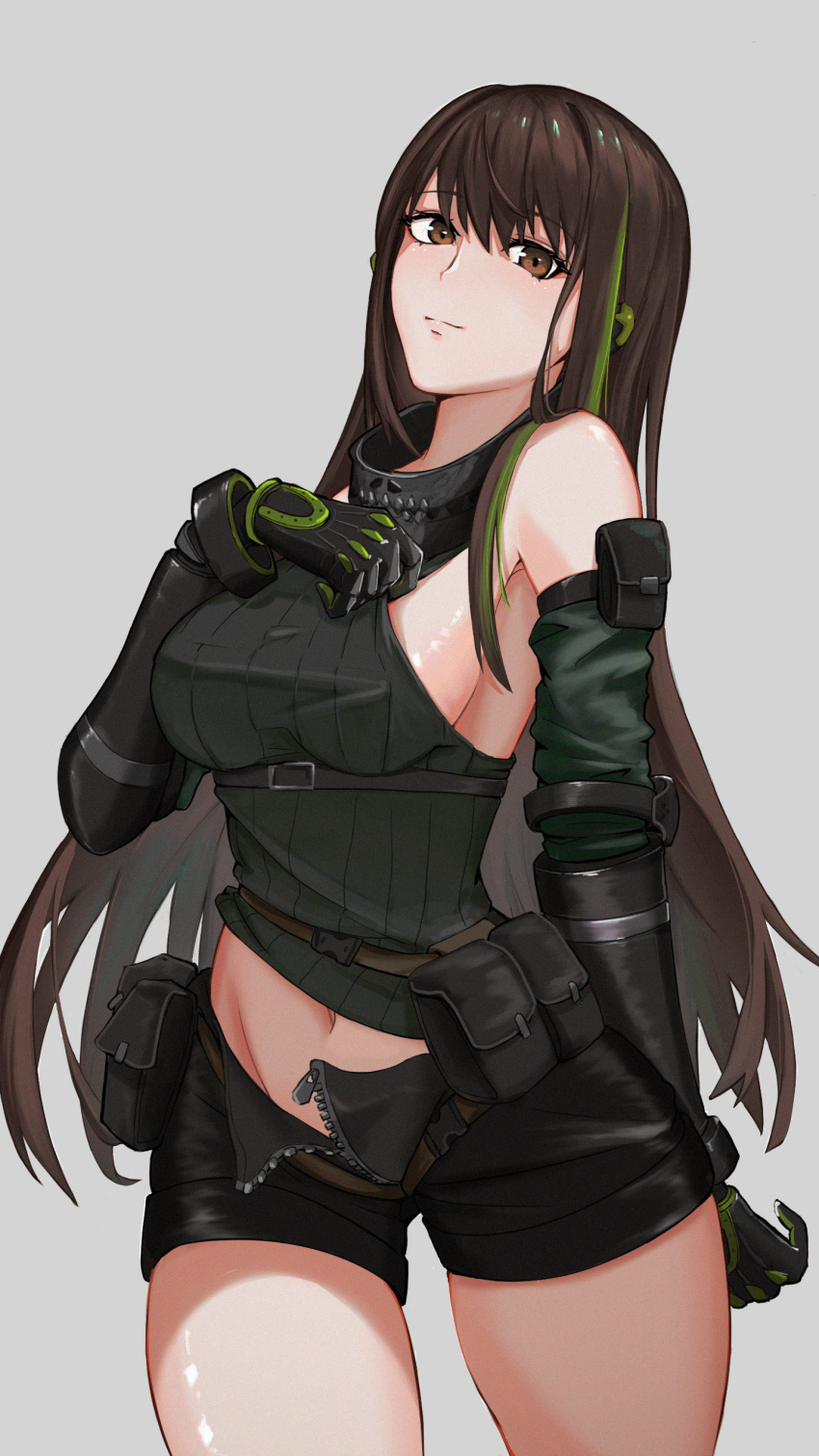 1girl absurdres black_gloves black_shorts breasts brown_eyes brown_hair closed_mouth eyebrows_visible_through_hair feet_out_of_frame girls_frontline gloves green_shirt grey_background hand_on_back hand_on_breast highres long_hair looking_at_viewer m4a1_(girls_frontline) medium_breasts mo_geng multicolored_hair navel open_clothes open_shorts shirt shorts solo standing