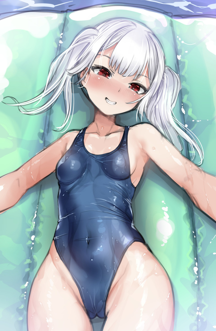 1girl absurdres blue_swimsuit blush breasts commentary_request competition_swimsuit grin harigane_shinshi highleg highleg_swimsuit highres inflatable_raft long_hair looking_at_viewer lying nose_blush one-piece_swimsuit original red_eyes silver_hair small_breasts smile solo swimsuit water wet wet_clothes wet_swimsuit