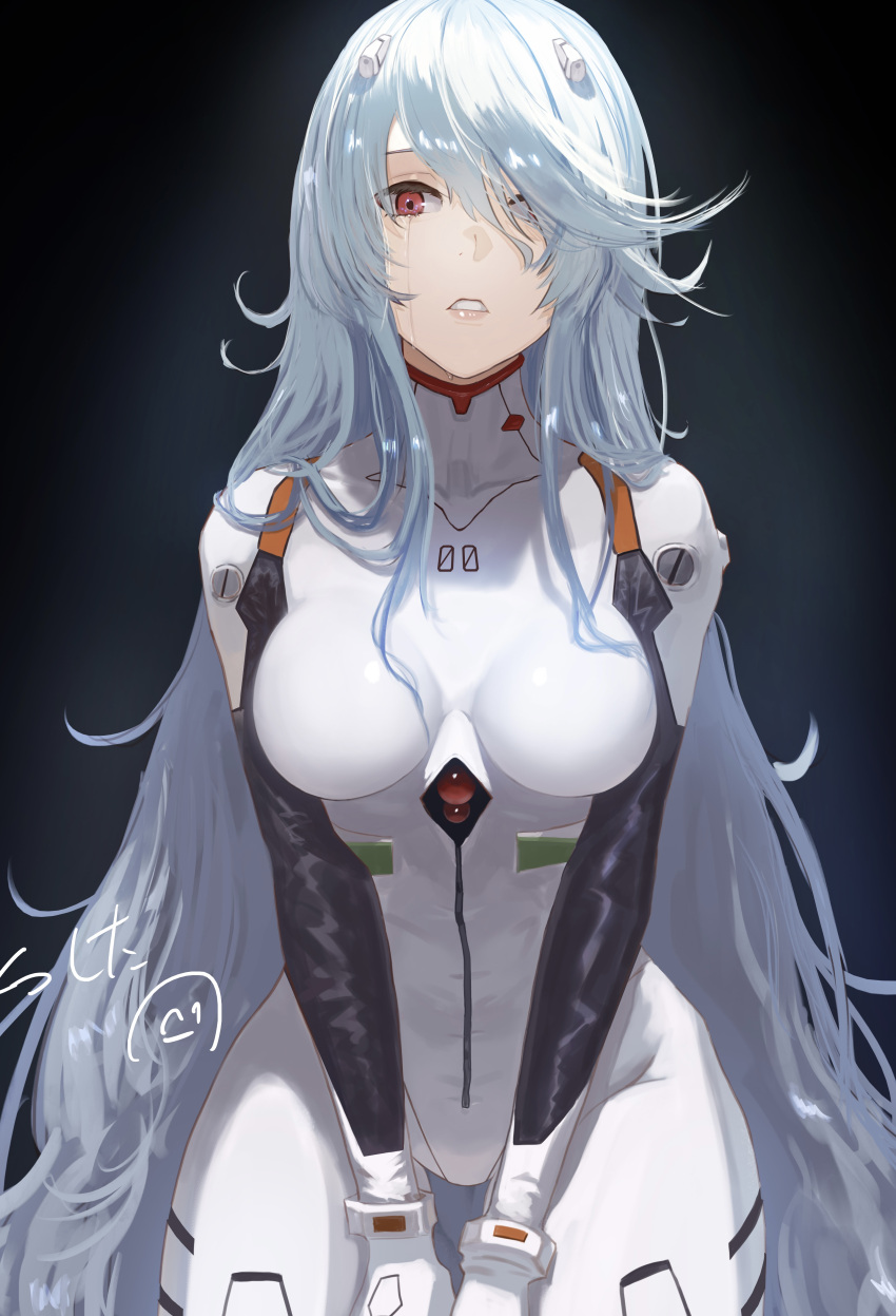 1girl absurdres alternate_hair_length alternate_hairstyle ayanami_rei bangs blue_hair bodysuit breasts commentary crying crying_with_eyes_open evangelion:_3.0+1.0_thrice_upon_a_time hair_over_one_eye highres interface_headset long_hair messy_hair neon_genesis_evangelion nicporim plugsuit rebuild_of_evangelion red_eyes signature solo tears very_long_hair white_bodysuit