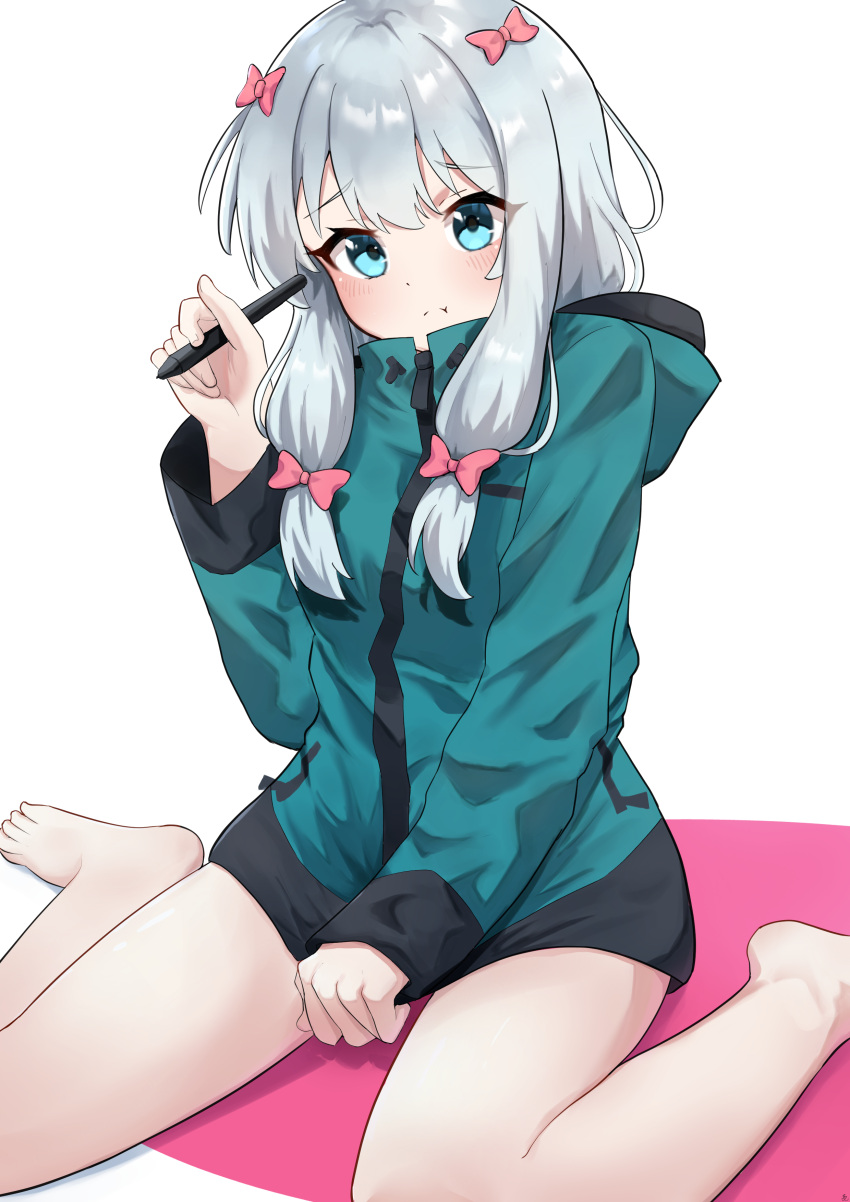 1girl absurdres aftamc aqua_cardigan bangs barefoot blue_eyes blush bottomless bow cardigan cardigan_tug eromanga_sensei eyebrows_visible_through_hair hair_between_eyes hair_bow highres holding holding_pen hooded_cardigan izumi_sagiri long_hair multiple_hair_bows pen pink_bow shiny shiny_hair silver_hair simple_background sitting solo wariza white_background