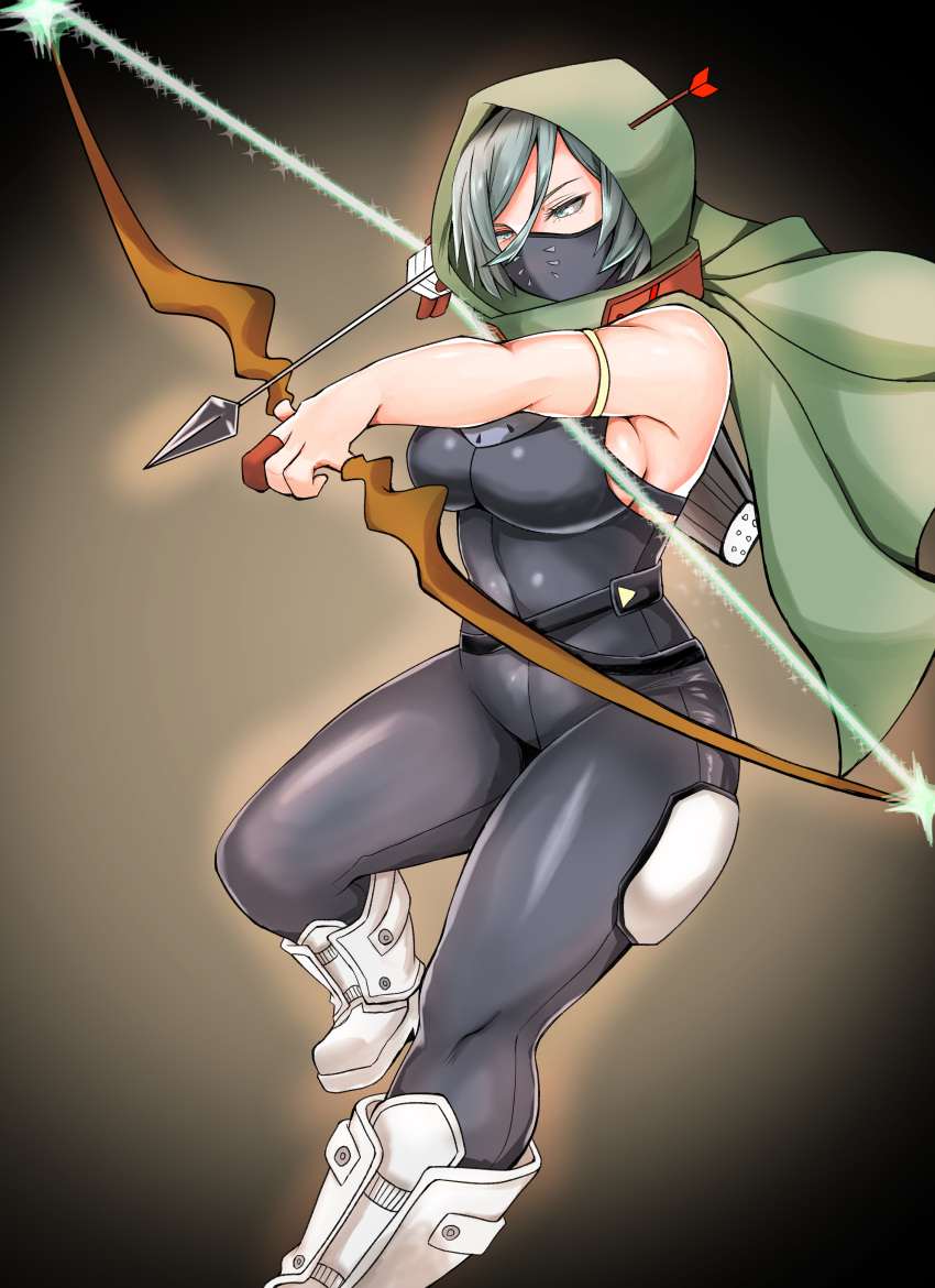 1girl absurdres adahcm armband arrow_(projectile) beros_(boku_no_hero_academia) bodysuit boku_no_hero_academia boots bow breasts brown_background cape fighting_stance full_body gradient gradient_background green_cape green_eyes green_hair hair_between_eyes highres hood large_breasts mask masked outstretched_arm quiver short_hair sideboob solo weapon white_legwear