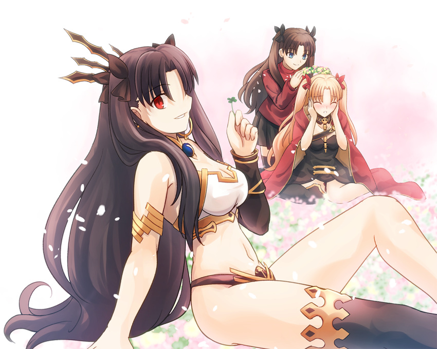 3girls bangs bare_legs bare_shoulders bikini black_hair black_legwear blonde_hair blue_eyes blush breasts cloak closed_mouth clover dress ereshkigal_(fate) eyebrow_piercing eyebrows_visible_through_hair fate/grand_order fate/stay_night fate_(series) field flower flower_field four-leaf_clover hair_ribbon holding holding_flower holding_wreath ishtar_(fate) ishtar_(fate)_(all) long_hair looking_at_viewer migiha multiple_girls open_mouth piercing red_eyes ribbon shirt sitting smile sweater swimsuit thigh-highs tohsaka_rin twintails type-moon very_long_hair wreath