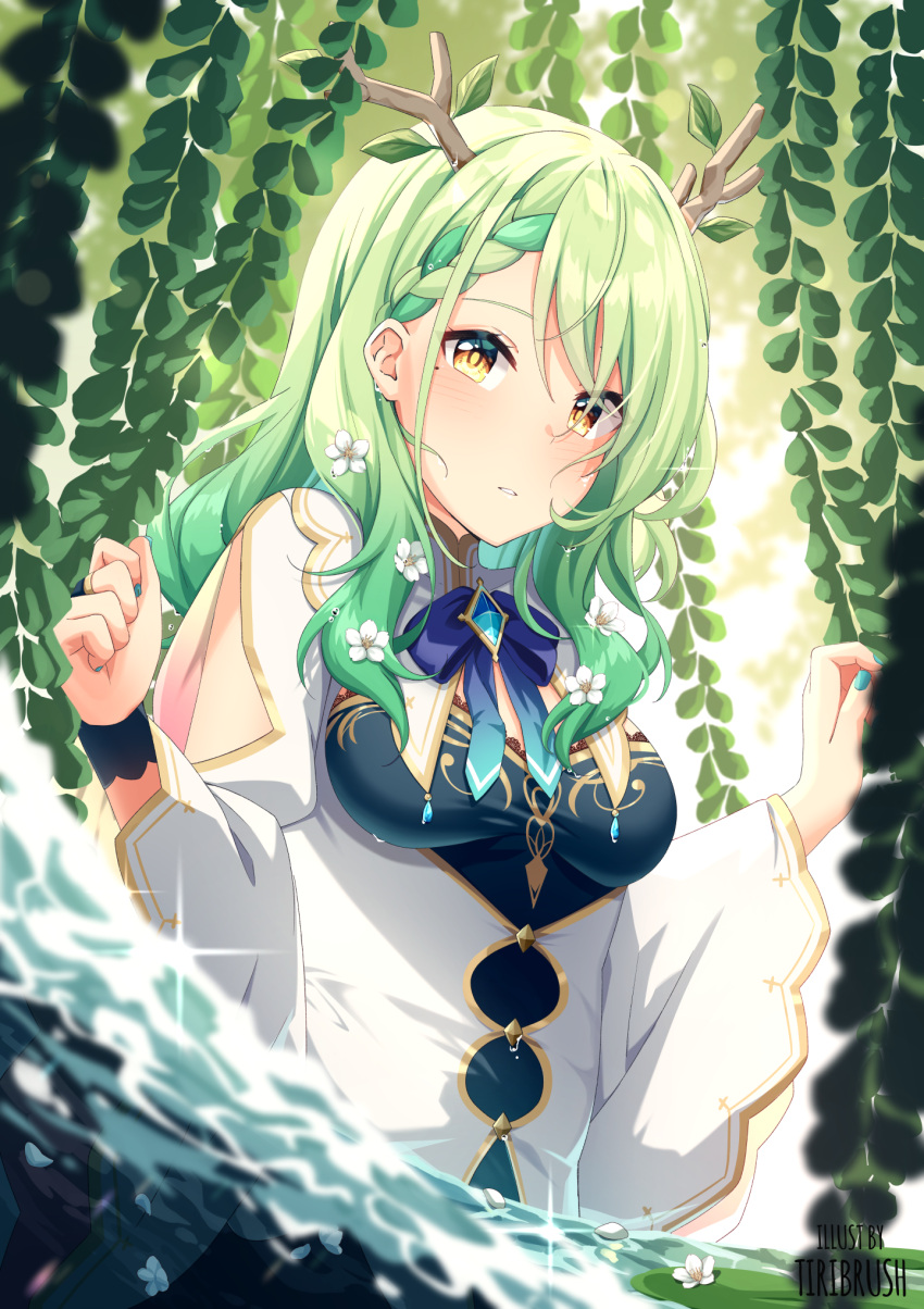 1girl antlers bangs blush braid breasts ceres_fauna green_hair highres hololive hololive_english leaf looking_at_viewer medium_breasts medium_hair nature open_clothes tiri virtual_youtuber water wavy_hair yellow_eyes
