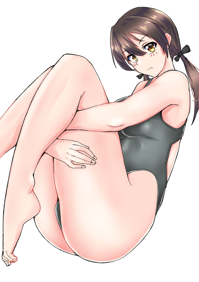 1girl absurdres black_swimsuit brown_eyes brown_hair competition_swimsuit feet_out_of_frame full_body gertrud_barkhorn highres hugging_own_legs long_hair looking_at_viewer one-piece_swimsuit simple_background solo strike_witches swimsuit twintails white_background world_witches_series yuusha