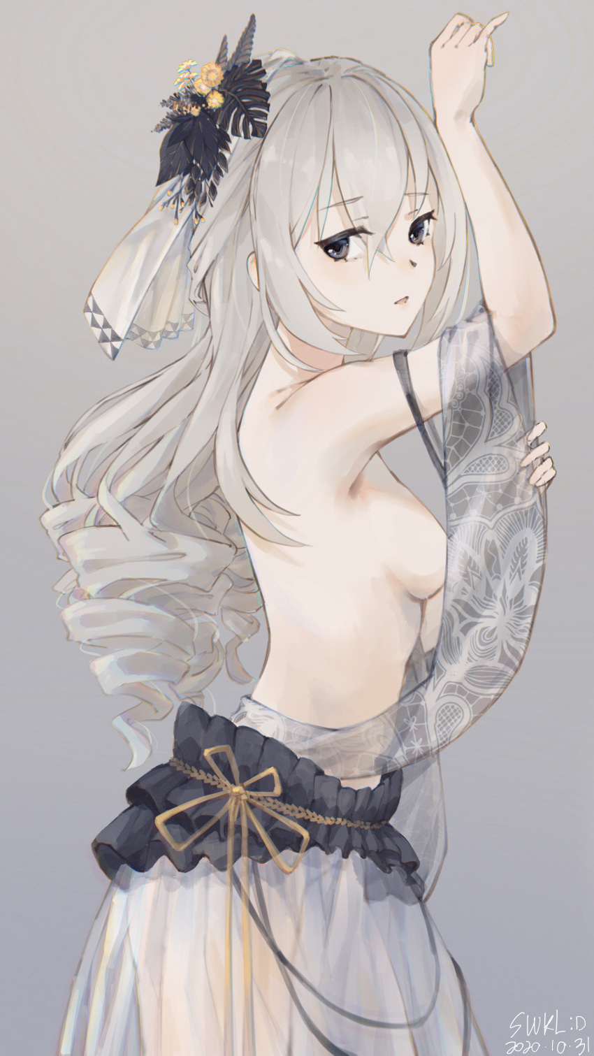 1girl 2020 absurdres arm_up bangs black_eyes breasts bronya_zaychik cowboy_shot dated drill_hair eyebrows_visible_through_hair flower from_side grey_background hair_between_eyes hair_flower hair_ornament highres honkai_(series) honkai_impact_3rd long_hair looking_at_viewer medium_breasts open_mouth see-through sideboob silver_hair solo standing swkl:d topless twin_drills very_long_hair yellow_flower