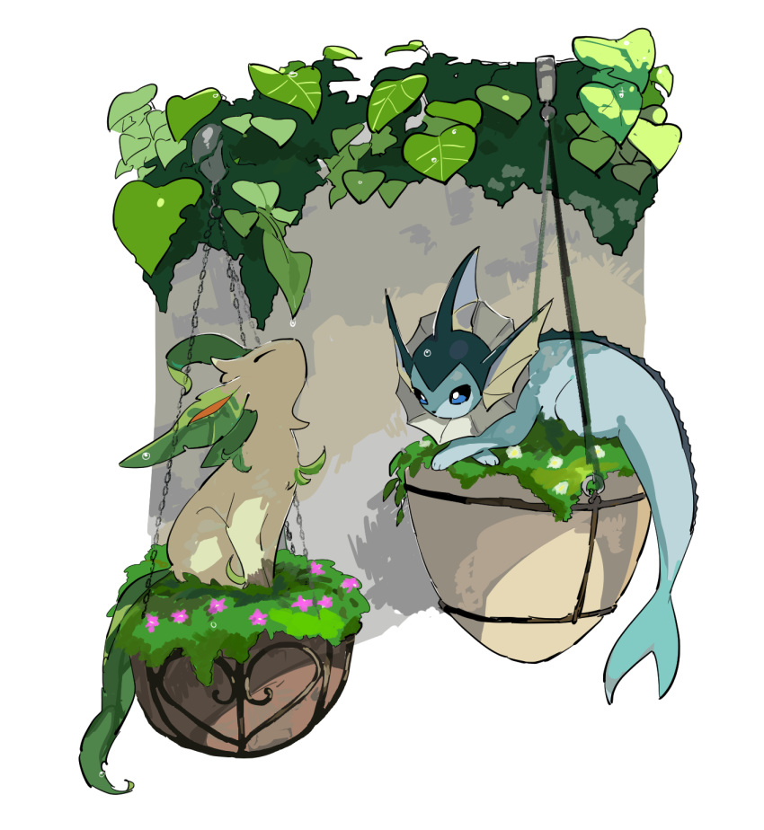 ^_^ animal_focus apios1 blank_eyes blue_eyes chain closed_eyes commentary flower full_body gen_1_pokemon gen_4_pokemon grass hanging_plant head_back highres leaf leafeon no_humans pink_flower pokemon pokemon_(creature) sitting vaporeon water_drop white_flower