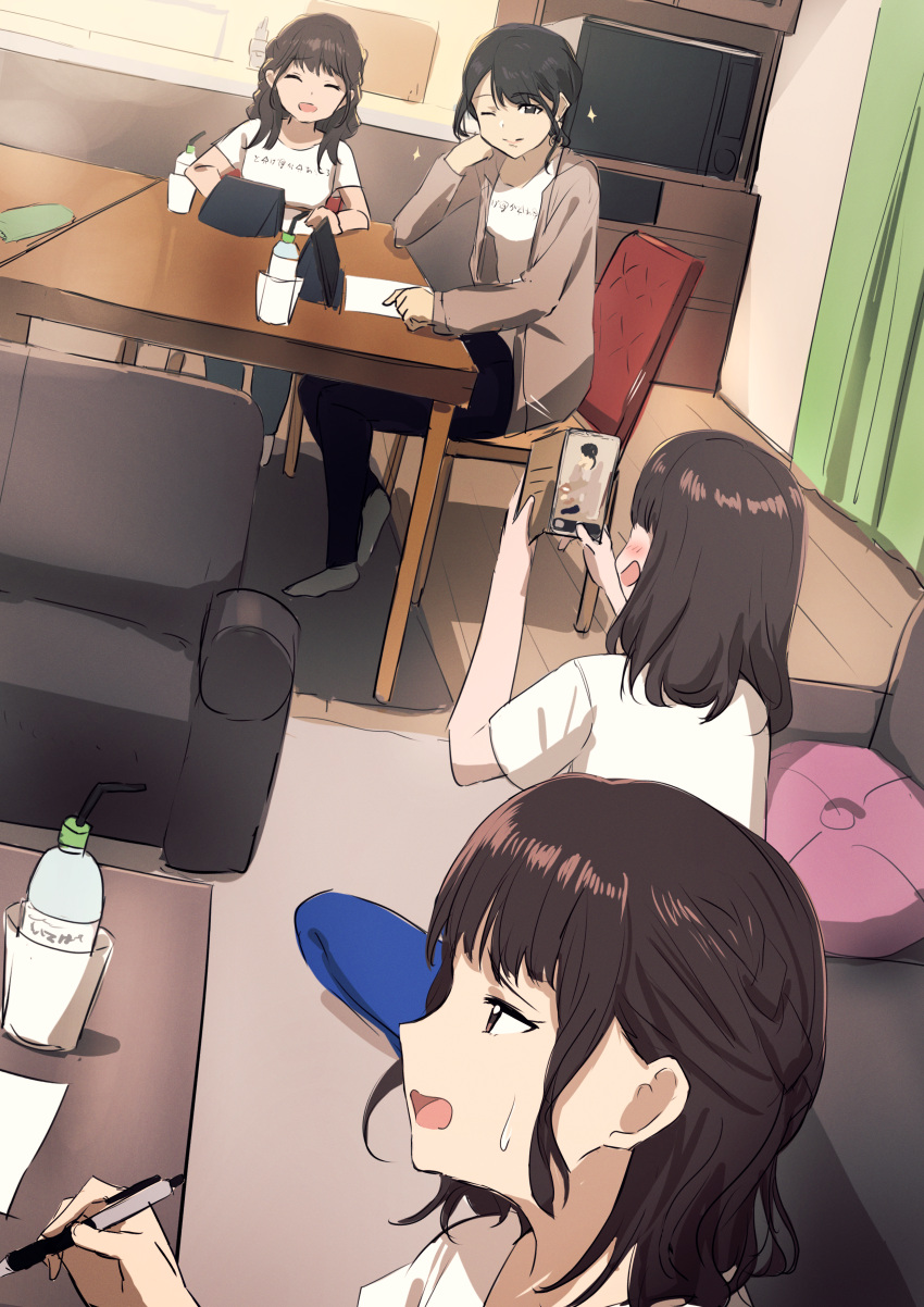 4girls :d ;) ^_^ absurdres bangs bendy_straw black_hair black_pants blue_pants blush bottle brown_hair brown_jacket cellphone character_request closed_eyes closed_mouth couch curtains drinking_straw eyebrows_visible_through_hair highres holding holding_phone huge_filesize idolmaster idolmaster_shiny_colors indoors jacket misaki_nonaka multiple_girls no_shoes on_chair one_eye_closed open_clothes open_jacket open_mouth pants phone shirt sitting smile socks sparkle table white_legwear white_shirt wooden_floor