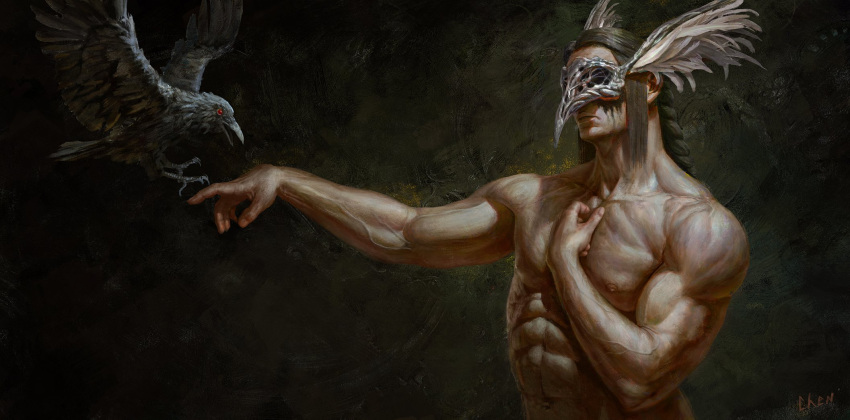 1boy abs bird bird_mask chens_art crow dark eye_mask faux_traditional_media highres large_pectorals male_focus mask medium_hair muscular muscular_male nipples nude original pectorals realistic sidelocks solo stomach upper_body veins