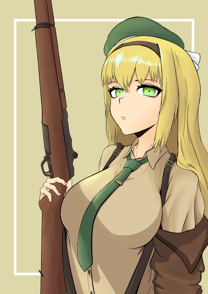 1girl beret blonde_hair breasts brown_jacket brown_shirt closed_mouth eyebrows_visible_through_hair girls_frontline green_eyes green_neckwear gun hair_ribbon hairband hat highres holding holding_weapon jacket jacket_pull large_breasts long_hair looking_at_viewer m1_garand m1_garand_(girls_frontline) necktie ribbon rifle rossam shirt simple_background solo suspenders weapon