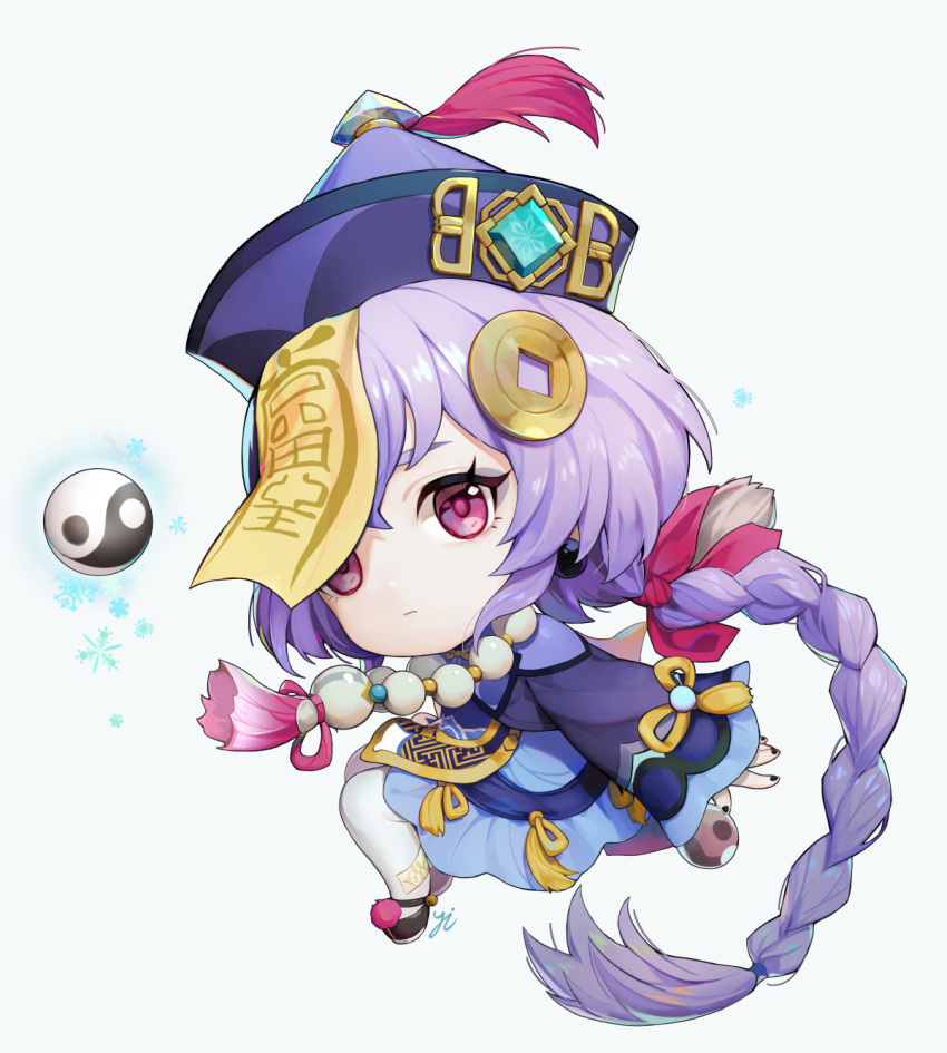 1girl bangs bead_necklace beads braid cape chibi chinese_clothes coin_hair_ornament commentary_request eyebrows_visible_through_hair genshin_impact hair_between_eyes hat highres jewelry jiangshi long_hair long_sleeves looking_at_viewer low_ponytail necklace ofuda orb purple_hair qing_guanmao qiqi_(genshin_impact) shoes sidelocks simple_background single_braid solo violet_eyes vision_(genshin_impact) white_background white_legwear wide_sleeves y.i._(lave2217) yin_yang yin_yang_orb