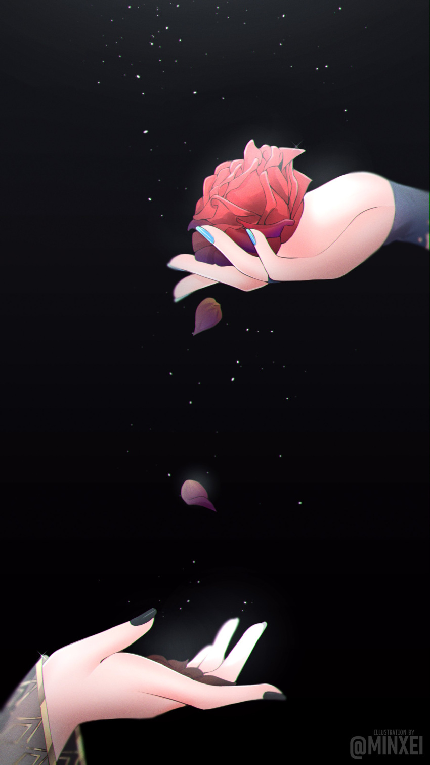 2girls absurdres black_background black_nails blue_nails ceres_fauna flower hand_focus hands highres hololive hololive_english minxei mori_calliope multiple_girls nail_polish petals rose rose_petals simple_background virtual_youtuber