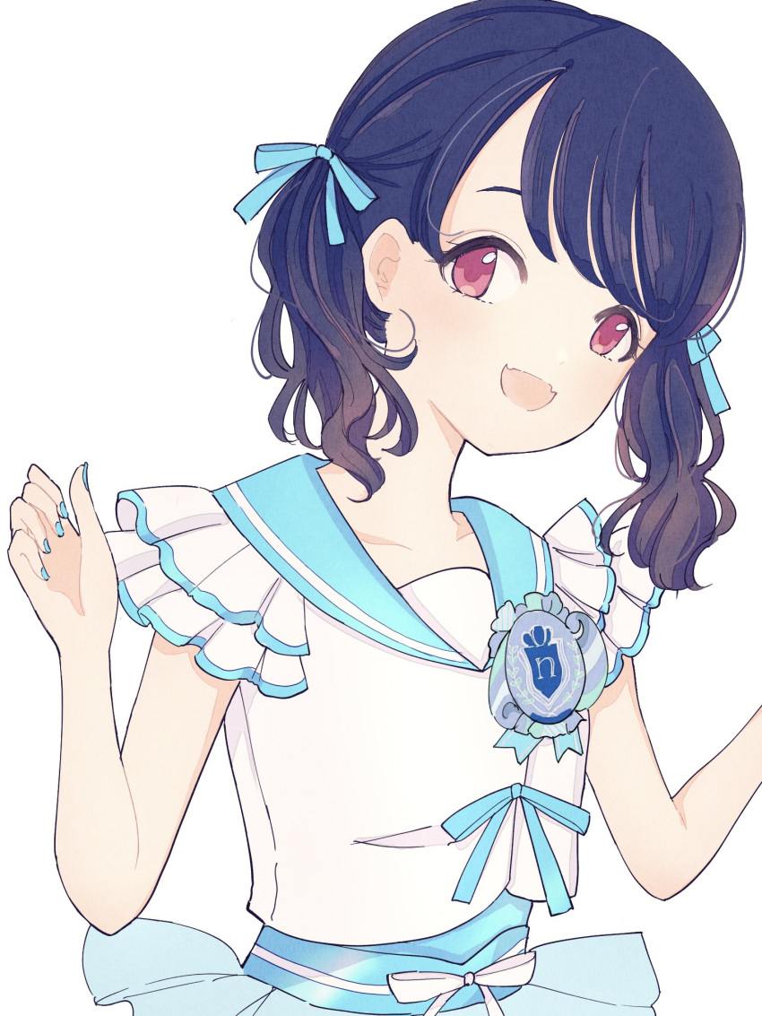 1girl artist_request bangs black_hair blue_nails blue_ribbon commentary_request fangs fukumaru_koito hair_ribbon highres idolmaster idolmaster_shiny_colors looking_at_viewer medium_hair nail_polish open_mouth ribbon sailor_collar skin_fangs solo swept_bangs twintails upper_body violet_eyes