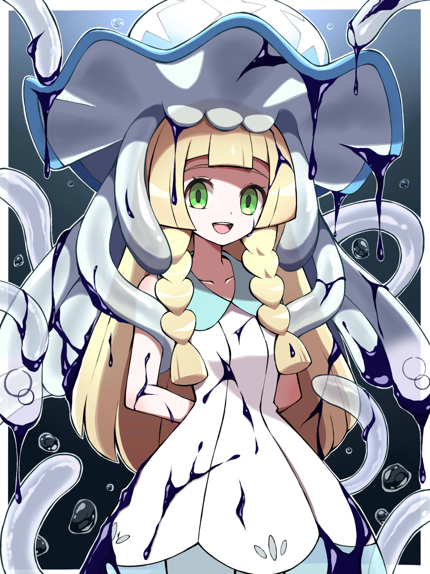 1girl :d absurdres arms_behind_back bangs blonde_hair blunt_bangs border braid collarbone collared_dress commentary_request dress eyelashes gen_7_pokemon green_eyes highres ink lillie_(pokemon) long_hair looking_at_viewer nihilego on_head open_mouth outside_border pokemon pokemon_(creature) pokemon_(game) pokemon_on_head pokemon_sm shabana_may sleeveless sleeveless_dress smile sundress tongue twin_braids ultra_beast upper_teeth white_border white_dress