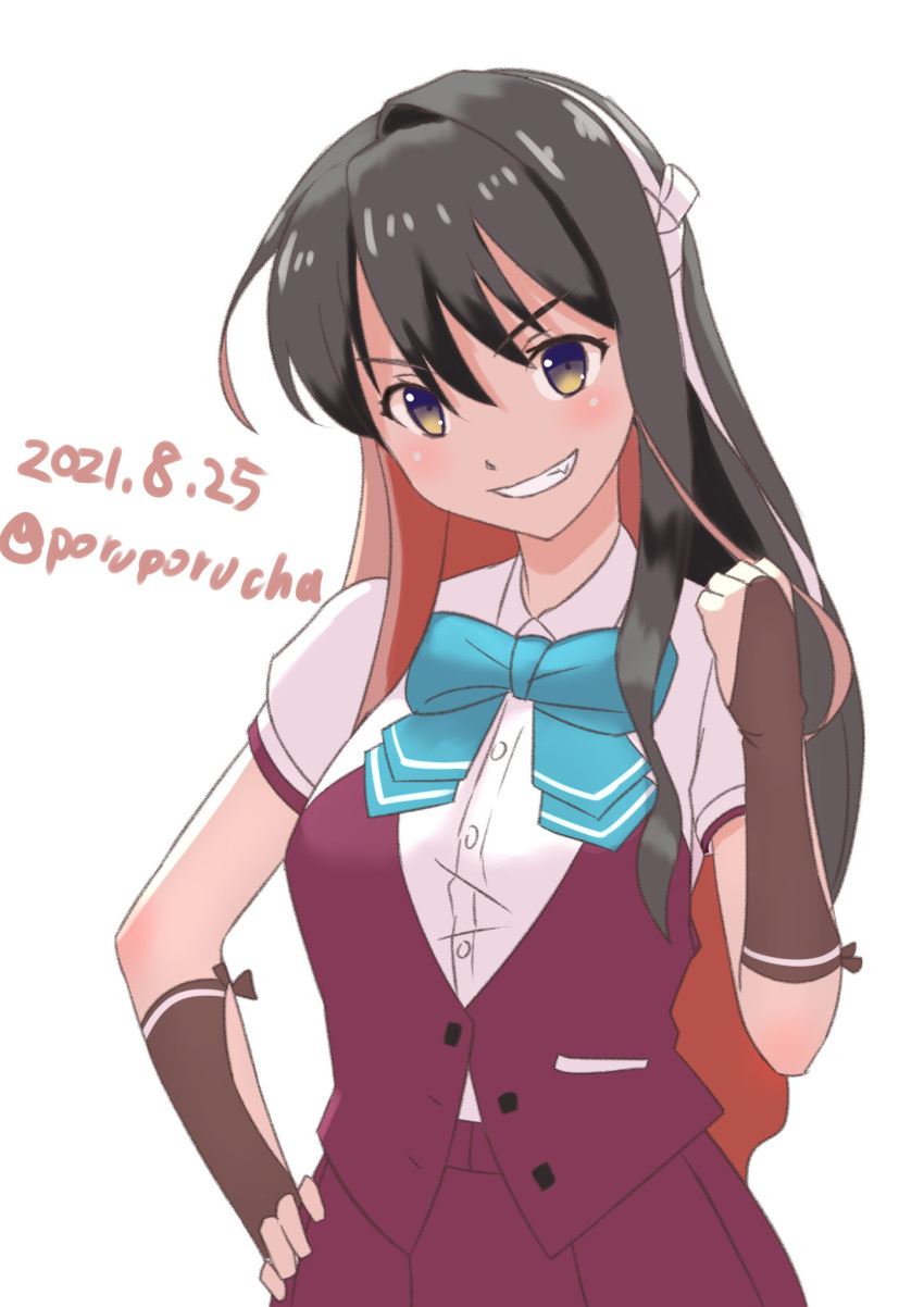 1girl bangs black_hair blue_neckwear blush breasts brown_gloves clenched_hand dated gloves grin hair_between_eyes hand_on_hip headband highres kantai_collection long_hair multicolored_hair naganami_(kancolle) one-hour_drawing_challenge pink_hair porupurucha purple_skirt purple_vest shirt short_sleeves simple_background skirt smile solo twitter_username two-tone_hair vest white_background white_shirt