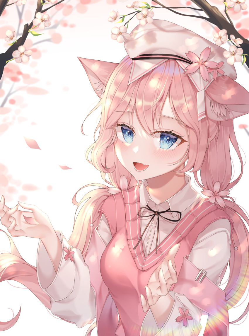 1girl :3 :d animal_ears bangs blue_eyes blurry bow bowtie cat_ears cherry_blossoms commentary_request depth_of_field eyebrows_visible_through_hair hair_between_eyes hat highres lisa_78 long_hair long_sleeves looking_at_viewer low_twintails open_mouth origami_cyclone petals pink_hair school_hat sidelocks simple_background smile solo tree twintails vest_over_shirt wide_sleeves