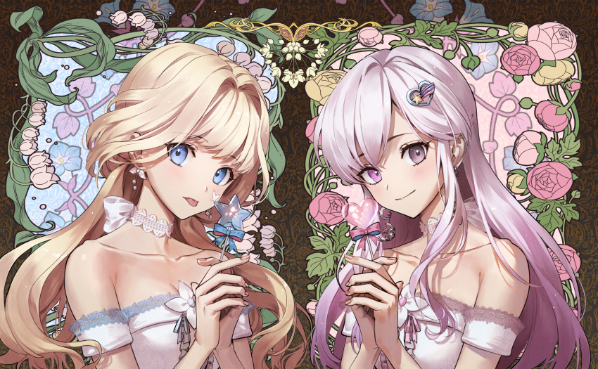 2girls absurdres bangs blonde_hair blue_eyes blush bow breasts closed_mouth collarbone commentary commission earrings eyelashes fingernails flower grey_eyes hands_up heterochromia highres holding huge_filesize jewelry long_hair looking_at_viewer multiple_girls neck_garter ninto original own_hands_together pink_flower smile tongue tongue_out violet_eyes white_flower