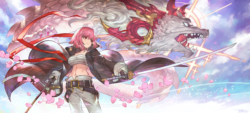 1girl absurdres alchemy_stars belt belt_buckle black_coat black_gloves buckle cherry_blossoms closed_mouth clouds coat cowboy_shot dragon eastern_dragon english_commentary gloves highres hiiro_(alchemy_stars) holding holding_sheath holding_sword holding_weapon jun_wei katana long_sleeves looking_afar navel pants pink_hair red_eyes sarashi sheath short_hair signature solo sword weapon white_pants wind