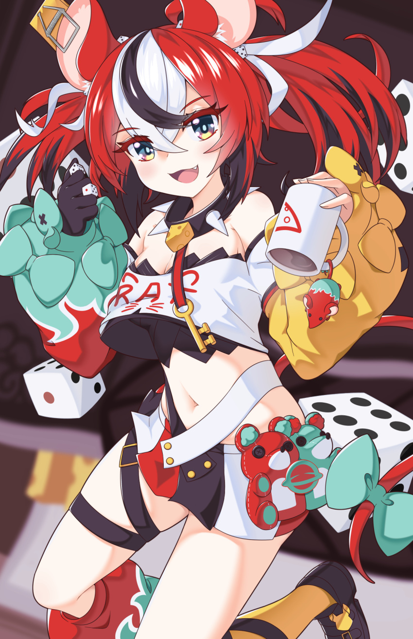 1girl animal_ears bow cheese collar dice_hair_ornament food hair_ornament hakos_baelz highres holocouncil hololive hololive_english key_necklace mouse mouse_ears mouse_girl mouse_tail mousetrap nyaseiru rat spiked_collar spikes tail tail_bow tail_ornament virtual_youtuber
