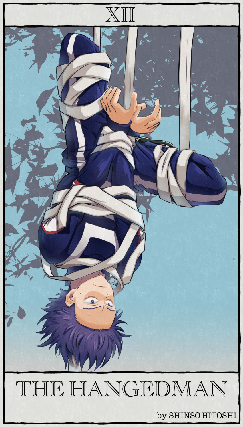 1boy absurdres bandages bangs blue_background blue_eyes blue_hair blue_pants blue_shirt boku_no_hero_academia bound bound_wrists character_name closed_mouth commentary_request english_text full_body highres long_sleeves male_focus pants roman_numeral shinsou_hitoshi shirt short_hair solo tarot tiaoliang u.a._gym_uniform upside-down white_background white_pants white_shirt