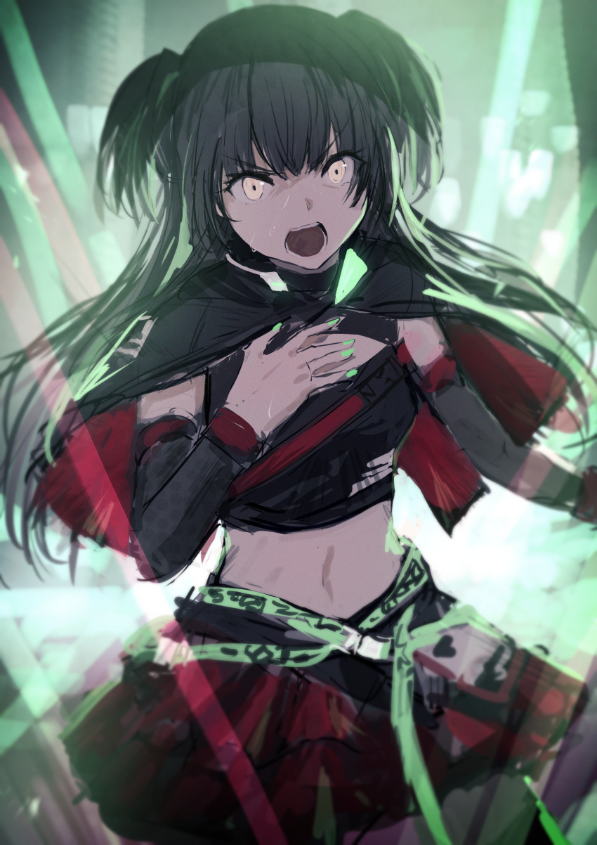 1girl absurdres bangs black_hair black_shirt black_sleeves blurry blurry_background brown_eyes crop_top depth_of_field detached_sleeves eyebrows_visible_through_hair green_nails hand_up highres huge_filesize idolmaster idolmaster_shiny_colors layered_skirt long_hair long_sleeves looking_at_viewer mayuzumi_fuyuko midriff misaki_nonaka nail_polish navel open_mouth pleated_skirt red_skirt shirt skirt solo two_side_up v-shaped_eyebrows very_long_hair