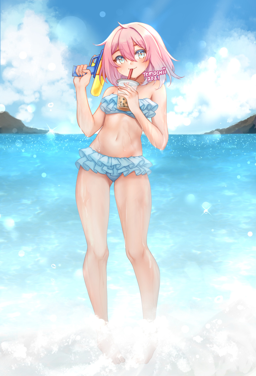 1girl bare_arms bare_legs bare_shoulders bikini blue_bikini blue_sky blush bubble_tea closed_mouth commentary commission cup day english_commentary frilled_bikini frills grey_eyes highres holding holding_cup holding_water_gun looking_at_viewer medium_hair navel ocean original outdoors pigeon-toed pink_hair sipping sky smile solo standing swimsuit temachii wading water_gun wet