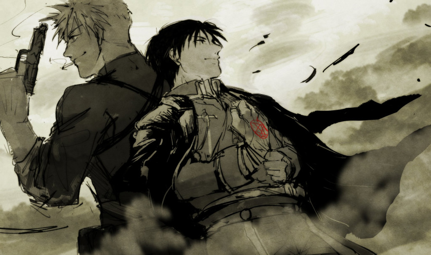 2boys adjusting_clothes adjusting_gloves amestris_military_uniform back-to-back bangs black_coat black_eyes black_hair black_theme cigarette closed_mouth coat coat_on_shoulders collared_jacket dust dust_cloud dutch_angle facing_away finger_on_trigger fullmetal_alchemist gloves grey_sky grin gun hand_up handgun height_difference highres holding holding_gun holding_weapon holster jacket jean_havoc limited_palette looking_afar magic_circle male_focus military military_jacket military_uniform monochrome multiple_boys muscular muscular_male nape open_clothes open_coat outdoors pistol profile roy_mustang sepia shoulder_holster sky smile smoke smoking spiky_hair spot_color swept_bangs uniform upper_body weapon white_gloves yuu_(kotobana_0418)