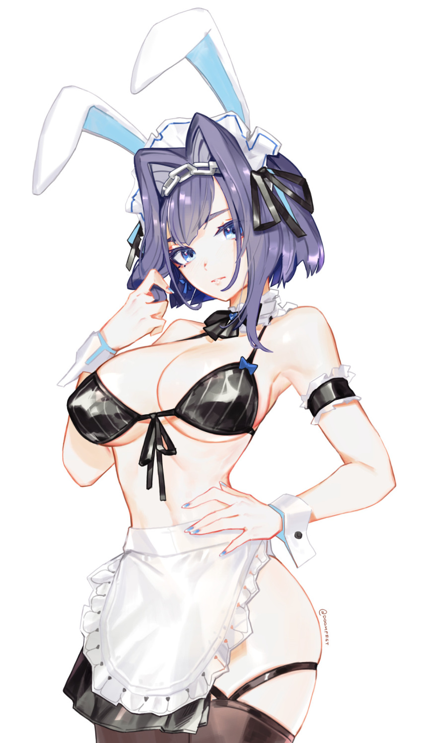 1girl animal_ears apron artist_name bare_shoulders black_bra blue_hair blue_nails bra breasts chain collar fake_animal_ears frilled_armband frilled_collar frills garter_belt hair_between_eyes hair_ornament hand_on_hip highres hololive hololive_english maid_apron maid_headdress medium_breasts medium_hair ouro_kronii playboy_bunny sidelocks simple_background softmode solo swimsuit thigh-highs underwear virtual_youtuber white_background wrist_cuffs