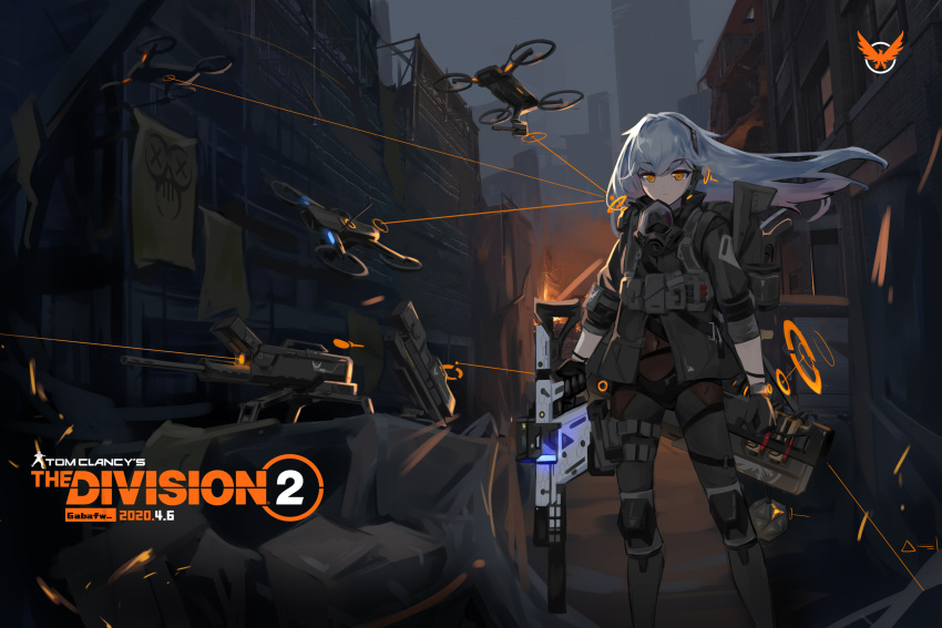 1girl absurdres ammunition_pouch bangs black_gloves closed_mouth elbow_pads gabafw gas_mask gloves grey_sky gun hair_between_eyes headphones highres holding holding_gun holding_weapon knee_pads kriss_vector long_hair looking_at_viewer mask military military_uniform orange_eyes original outdoors pouch robot sleeves_rolled_up solo standing submachine_gun tom_clancy's_the_division uniform v-shaped_eyebrows weapon white_hair