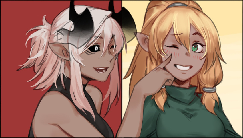 2girls ;d aiko_(less) bangs bare_shoulders black_sclera blonde_hair cheek_poking colored_sclera dark-skinned_female dark_skin folded_ponytail green_eyes grin hair_between_eyes highres horns less multiple_girls one_eye_closed open_mouth original pink_hair pointy_ears poking ponytail smile upper_body